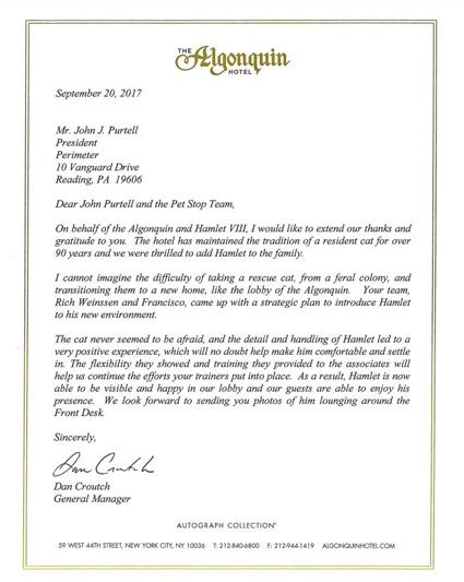 Algonquin hotel letter of recommendation